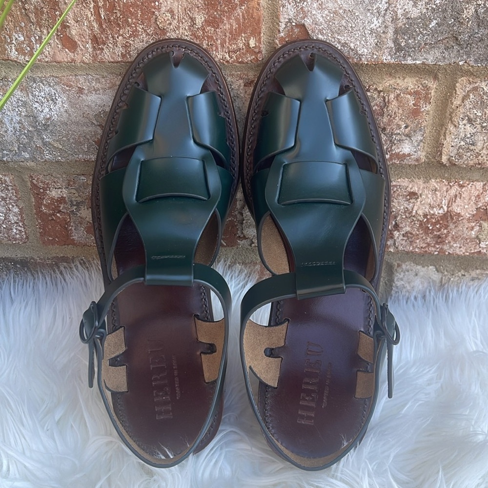 NEW Hereu Pesca Block Heel Fisherman Sandals Green Cutout Leather Shoes 40/US 10 - Picture 7 of 9